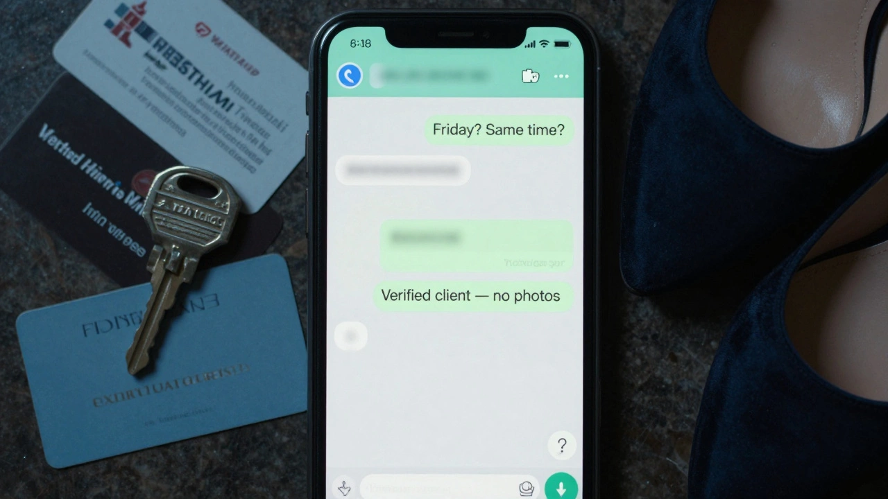 A smartphone displays encrypted messages and hotel keycards, symbolizing discreet escort arrangements in Dubai.
