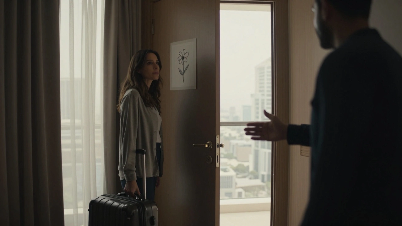 A woman pauses in a luxury apartment hallway, a hidden symbol on the door hinting at a private, trusted meeting.