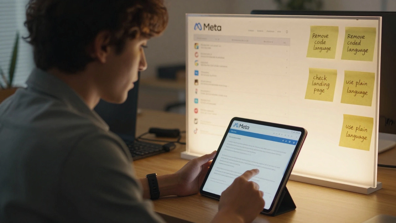 Advertiser revising an ad with policy correction notes nearby.